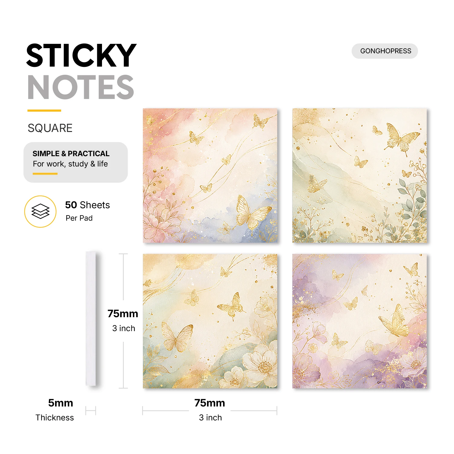 4pcs Elegant Butterfly Sticky Notes Set, 200 Sheets Total, 3x3 Inch Self Stick Memo Pads, Cute Square Sticky Note Pads