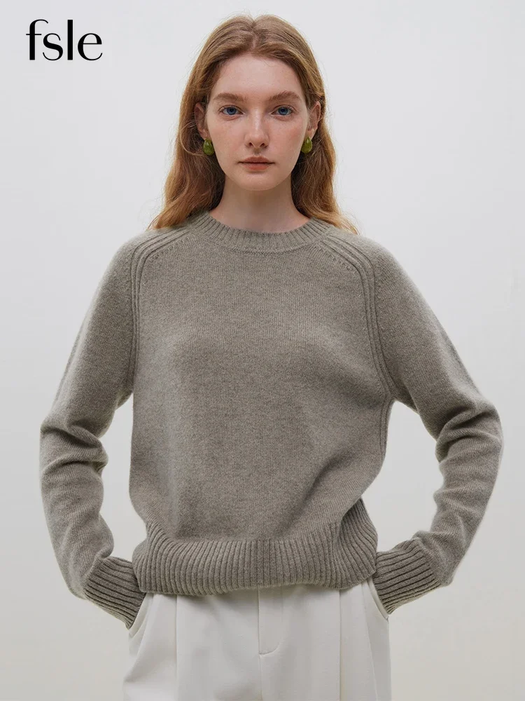 FSLE 100% Wool Round Neck Raglan Sleeve Short Grey Khaki Sweaters 2023 Winter Female Pullover Black Commuter Straight Wool Tops