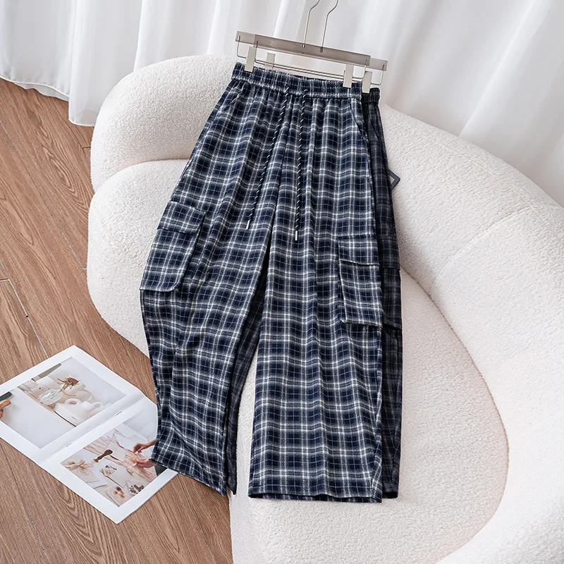 

Autumn Fashion Loose Slimming Casual Plaid Wide-Leg Pants for Women Commuting Versatile Straight-Leg Floor-Length Pants