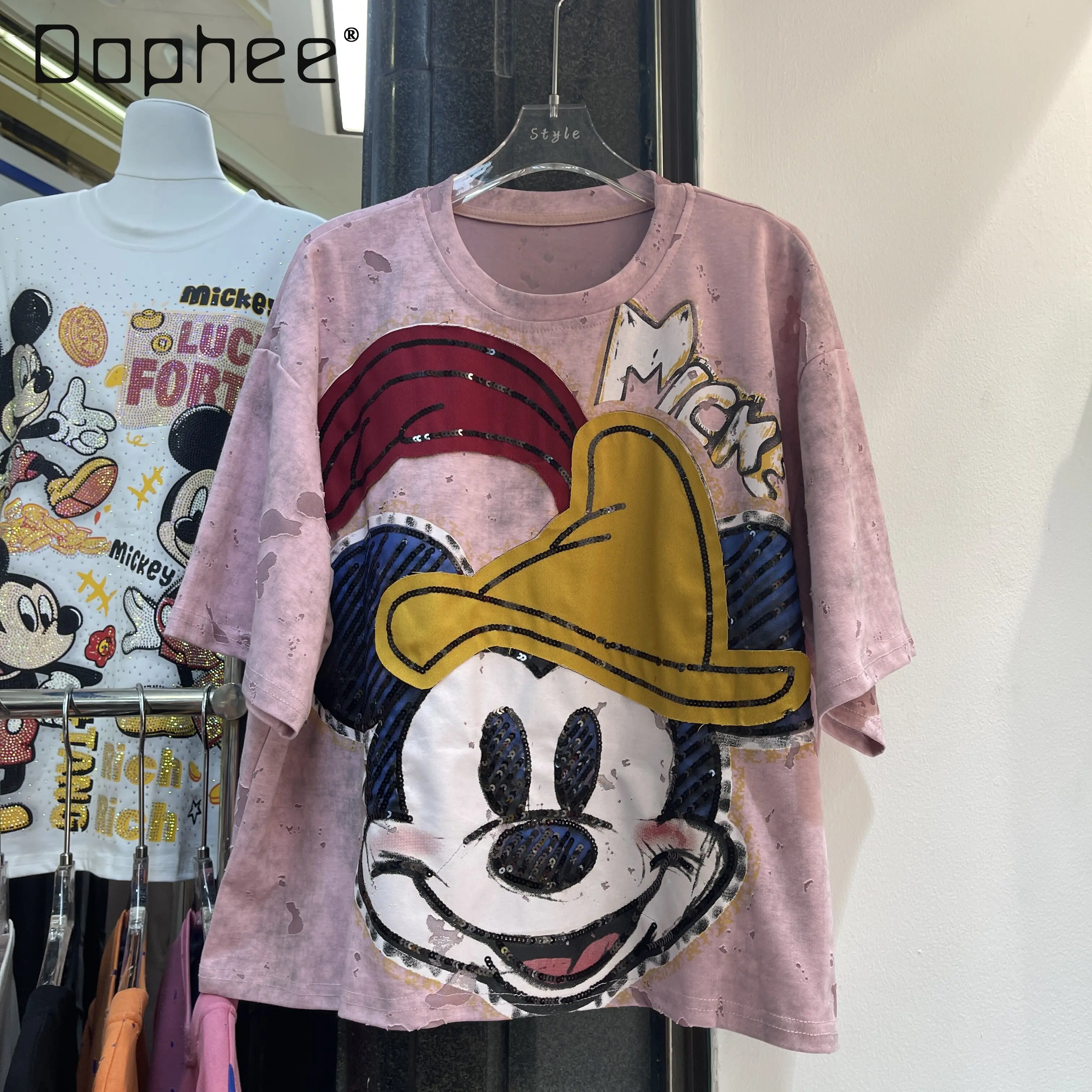 

Trendy Brand Spring Summer New Heavy-duty Distressed Cartoon Oversized Short-sleeve T-shirt Top for Women Aesthetic Clothes