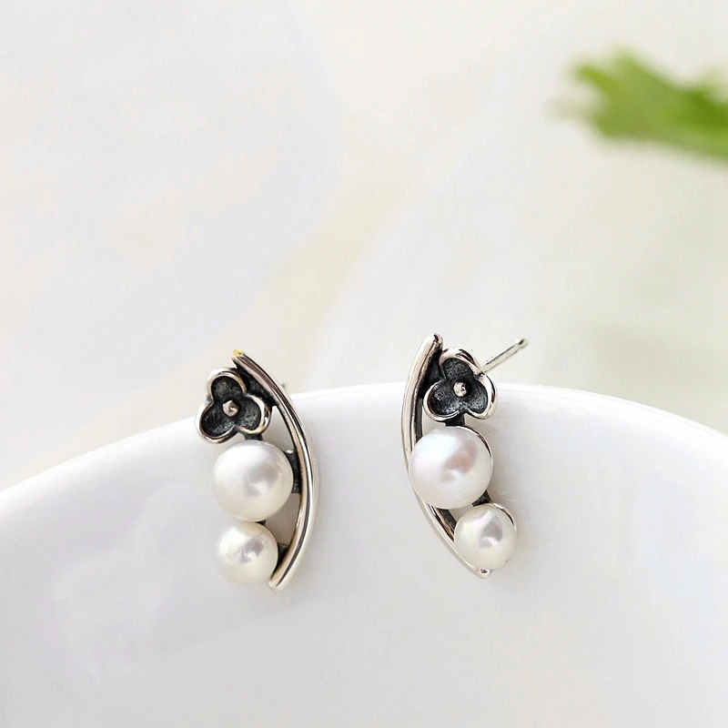 

Authentic 925 Sterling Silver Lady Retro Style Earring Inlaid Natural Freshwater Pearl Earring Fine Jewelry Gift