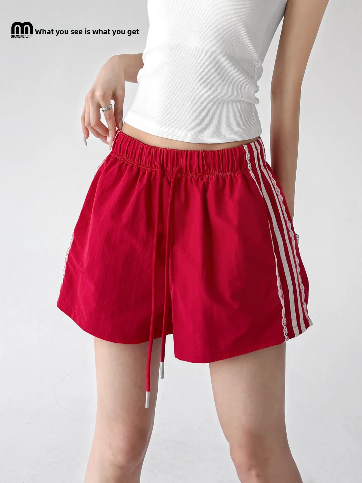 

Sporty Lace Trim Patchwork Shorts Women's Loose Drawstring Slim A-Line Casual Pants High Waist Polyester Blend Summer 2026
