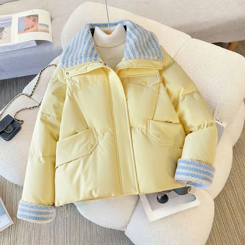 Contrast Stripe Lapel Neck New Coats & Jackets Lamb Wool Abrigos Mujer Winter Bread Jacket Woman Clothes Chamarras De Mujer