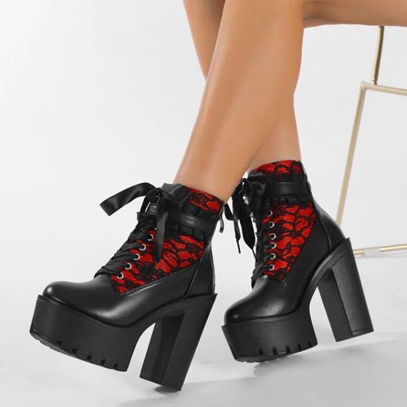 Fashion Brand Gothic Lace Patchwork High Heel Ankle Boots for Women Vintage European Style Zipper Closure Chunky Platform Boots