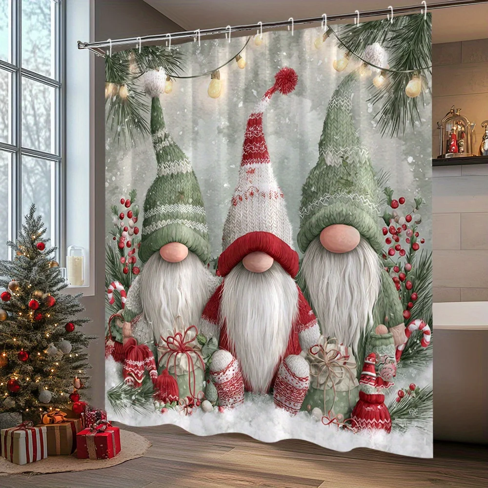 One Christmas-Themed Shower Curtain Featuring Adorable Gnomes, Santa Gnomes with Presents, And Christmas Trees. Made of Polyeste