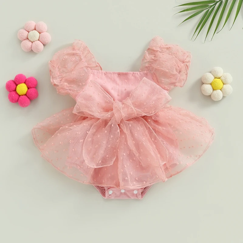 Baby Girls  Romper Short Puff Sleeve Polka Dot Mesh Lace Tutu Jumpsuits With Bowknot