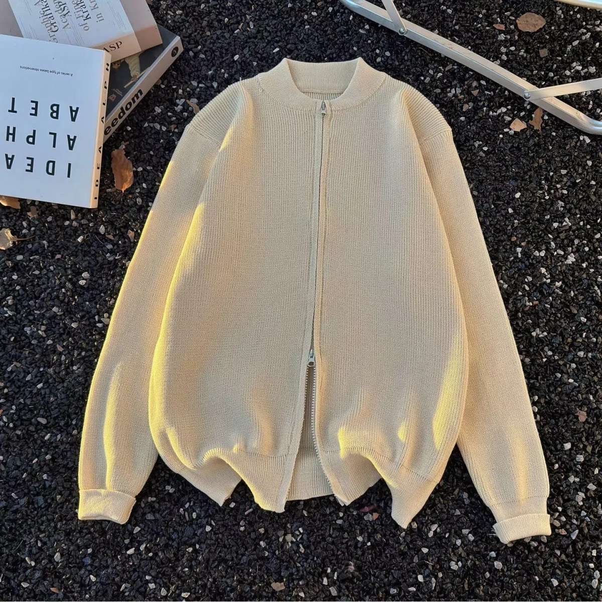 

Casual Zipper Cardigan Sweater Baseball Jaet Thiened Loose Warm Knitted Outerwear Polyester Fiber Long Sve round Ne