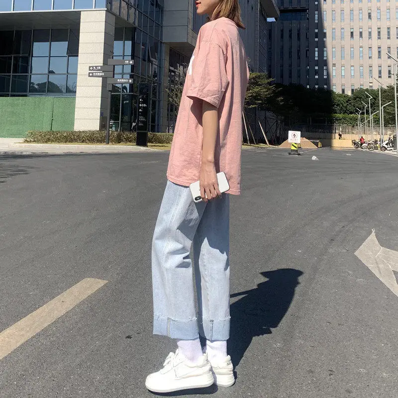 Jeans Women Washed Retro Wide Leg Loose Fashion Korean Style Sweet All-match High Waist Ankle-length Chic Females Spring Casual