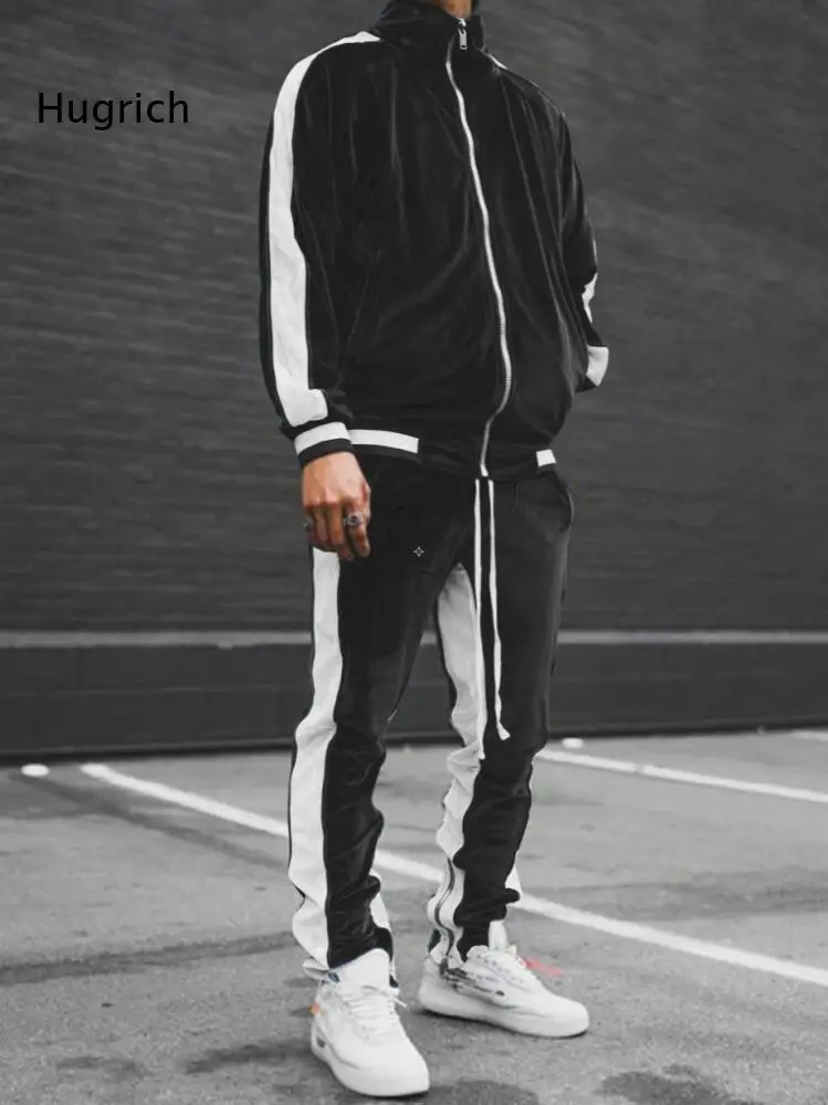 Men Velvet Striped Tracksuit Full Zip Stand Collar Jacket And Drawstring Elastic Waist Jogger Pants For Casual Street Daily Wear