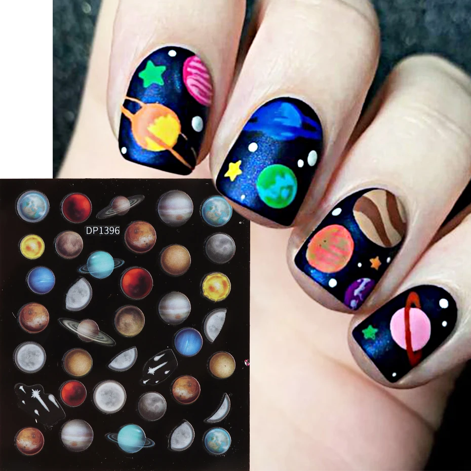 Pegatina de uñas 3D Space Galaxy Planet, diseño de uñas con patrón de fuegos artificiales, deslizador adhesivo de Año Nuevo, decoración de Arte de uñas, LEDP1396