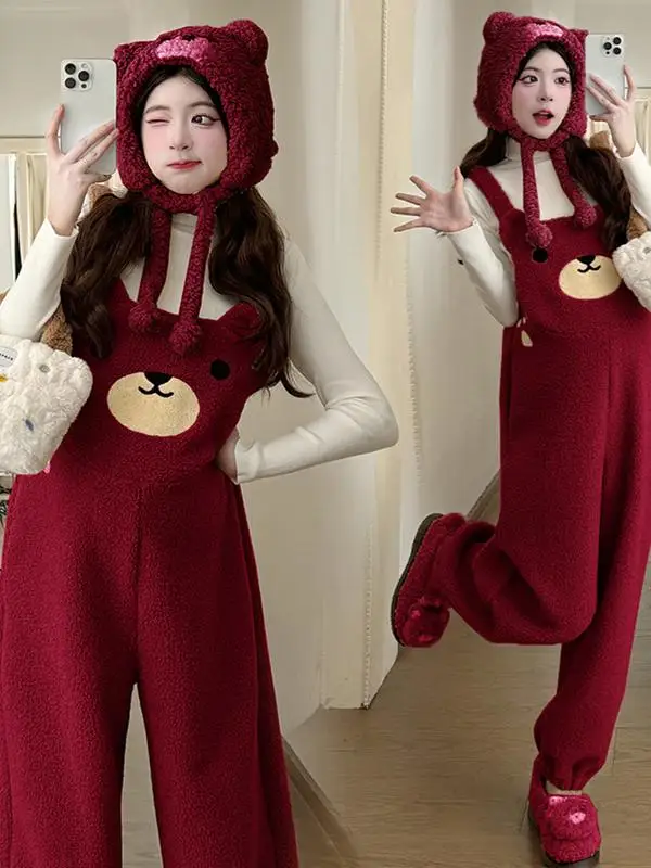Pregnant Women Fce Lined Thiened Bear Print Bib Overalls Women Winter New Sle Cuffed Jumpsuit Set High Waist Long Pants