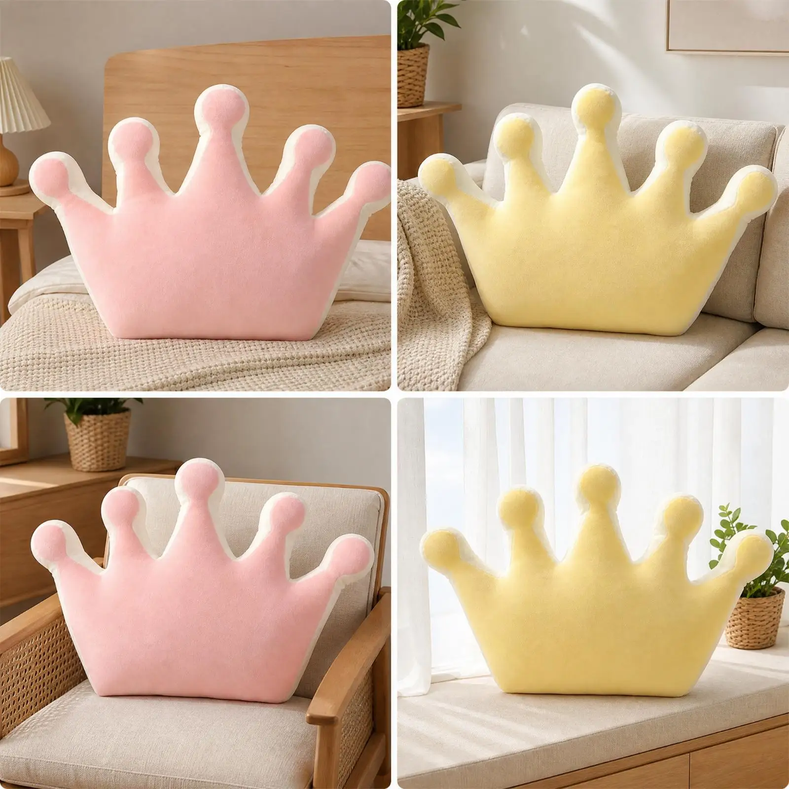 Charming Crown Cushion Pillow Plush Down Cotton Velvet Decorative Backrest for Reading Nook Couch Seat
