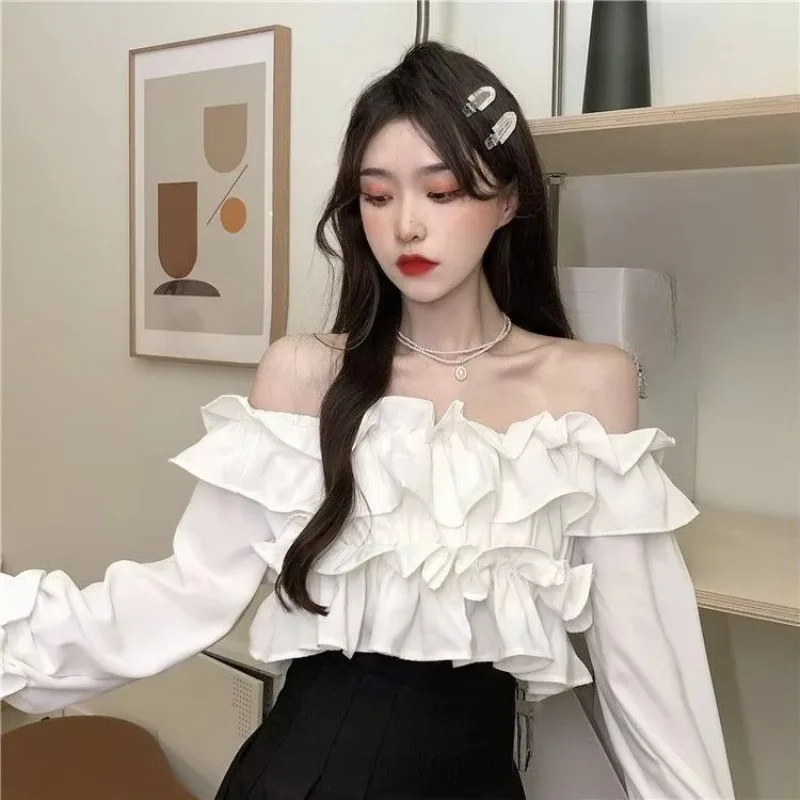 Iyundo Y2k Luxury Elegant Woman Off-the-shoulder Blouse Ruffle Trim Crop Top Sweetheart Neckline Loose Casual Shirt