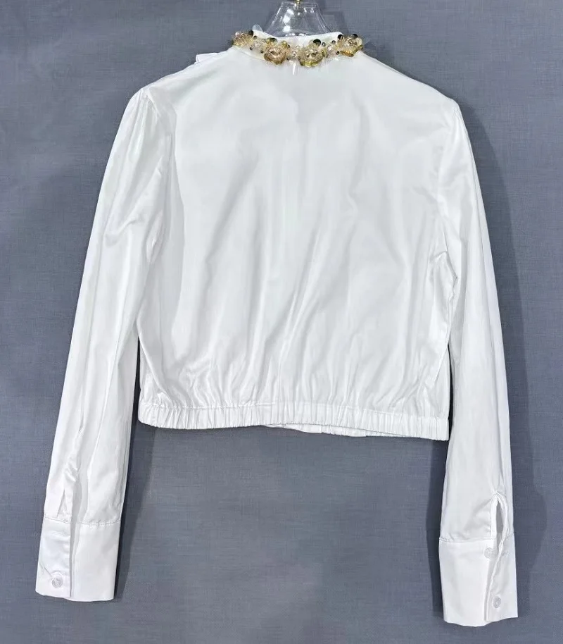 New 2025 Spring Fashion Shirts High Quality Ladies Sequined Beading Deco Ruffle Floral Long Sleeve Blue White Shirts Blouses