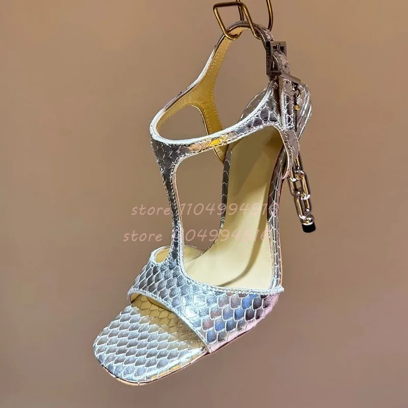 

T-Strap Square Toe Hollow Sandals Women Leather Ankle Strap Buckle Fretwork Heels Lady Sexy Party Prom Dress Shoes Gold/silver