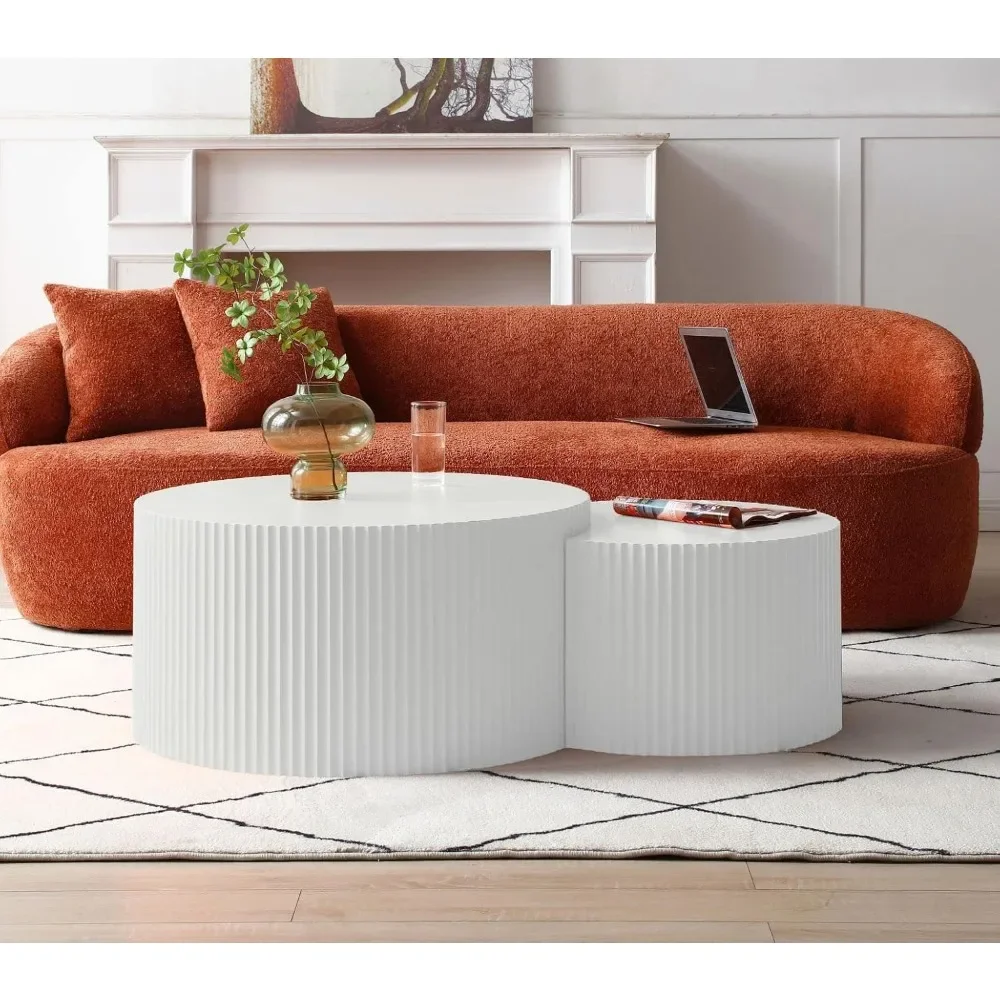 Conjunto de mesa de centro artesanal branca de 31,5 polegadas com 2 formas redondas e meia lua para sala de estar e escritório