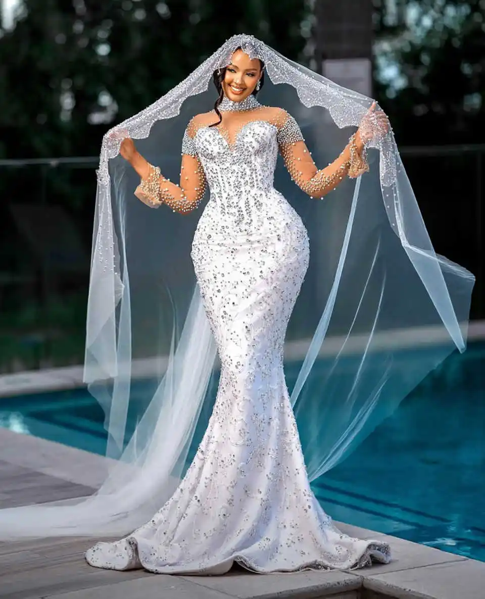 Luxury Mermaid Wedding Dress With Veil Beaded Pearls Rhinestone High Neck Bride Gowns Long Sleeve  Bridal Dresses Customized