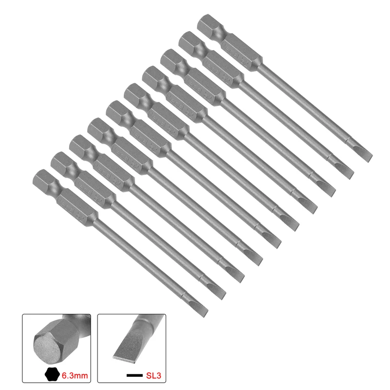 

uxcell 10Pcs 3mm Slotted Tip Magnetic Flat Head Screwdriver Bits 1/4 Inch Hex Shank Screwdriver Set 3-inch Long S2 Hand Tools