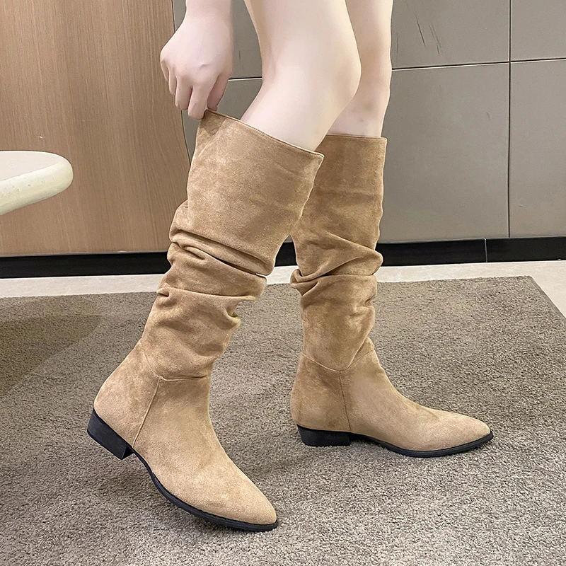 

Western Cowboy Boots For Women Pointed Toe Shoes Brand Suede Leather Ladies Shoes Knee High Chunky Heel Comfy Walking Boot Woman