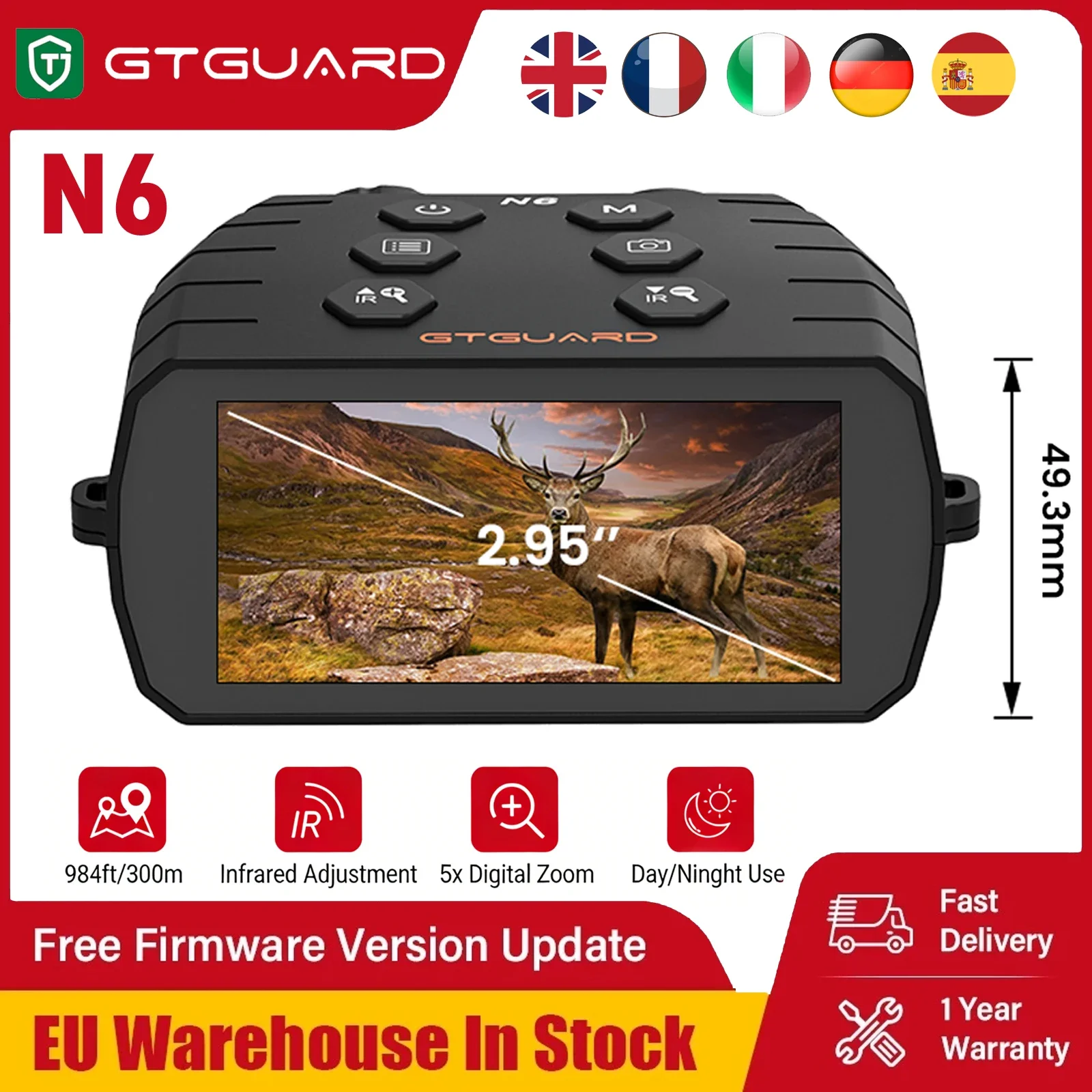 

Бинокль ночного видения GTGUARD N6 4K с 5-кратным цифровым зумом, инфракрасный, 300 метров, для походов, активного отдыха и обеспечения безопасности