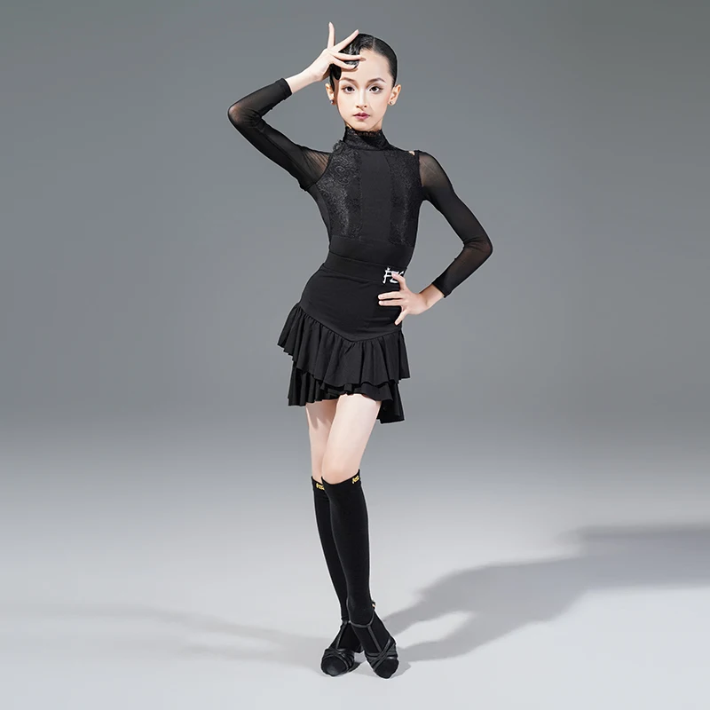 

UK Latin Dance Dress Women's Open Back Leotard with Crystal Cotton Linen & Lace Panel for Elegant Practice Wear