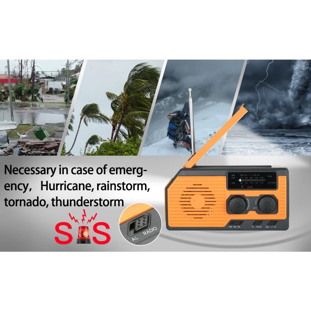 الطوارئ الطاقة الشمسية راديو كرنك اليد راديو دينامو مولد 5000mAh شاحن الهاتف البنك مصباح يدوي AM/FM/WB NOAA راديو الطقس