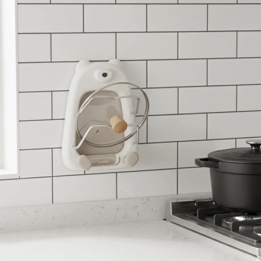 

2-Tier Pot Lids Holder Wall Mount Suction Cup Pan Cover Storage Holder Durable Bear Shape Vegetable Board Rack Cabinet Door