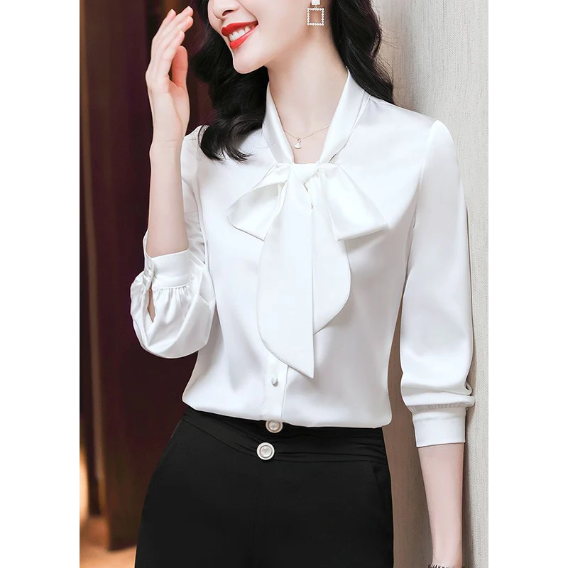 Spring Summer Oversized Elegant Fashion Solid Color Bow Shirt Ladies Long Sleeve Temperament All-match Blouse Femme Cardigan Top