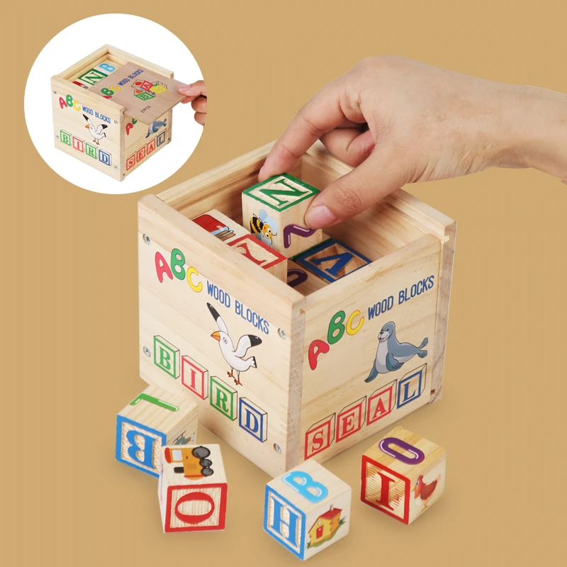 Wooden Educational Toys 27 Large Building Blocks ABC English Alphabet Number Cubes Wooden Wooden Box Storage