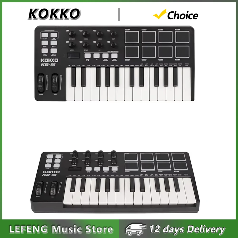 KOKKO KB-25 MIDI Keyboard Controller Built in Arpeggios Adjustable Wheel 8 Striking Pads 8 Custom Knob MIDI Controller Keyboard