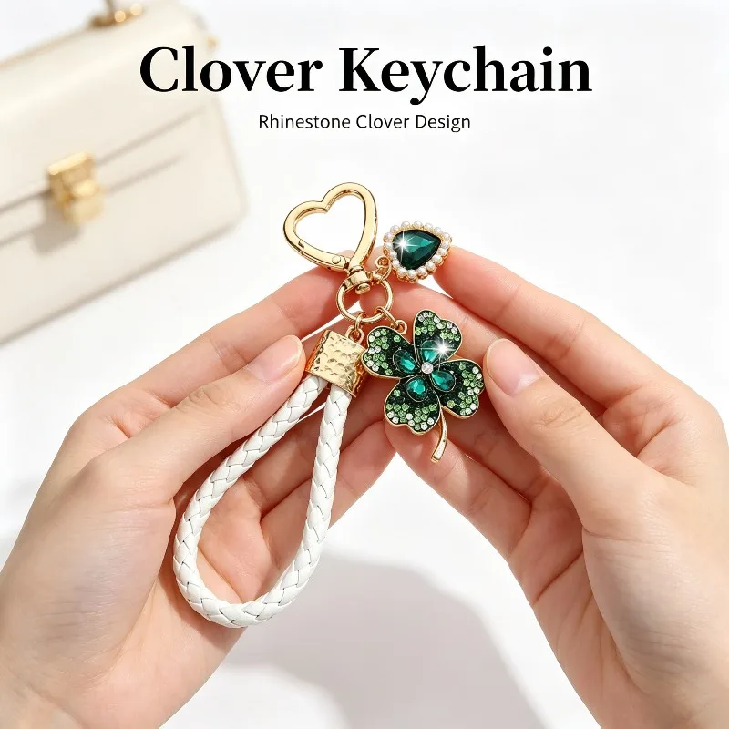Creative Korean‑style Exquisite Luxury Four‑Leaf Clover Car Keychain, New‑Style Bag Decorative Charm