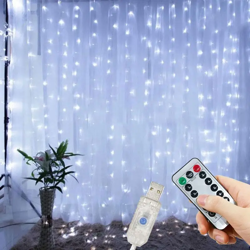 New Year USB LED Curtain String Light Fairy Remote Holiday Garland Lamp 8 Mode for Home Room Christmas Wedding Party Decoration