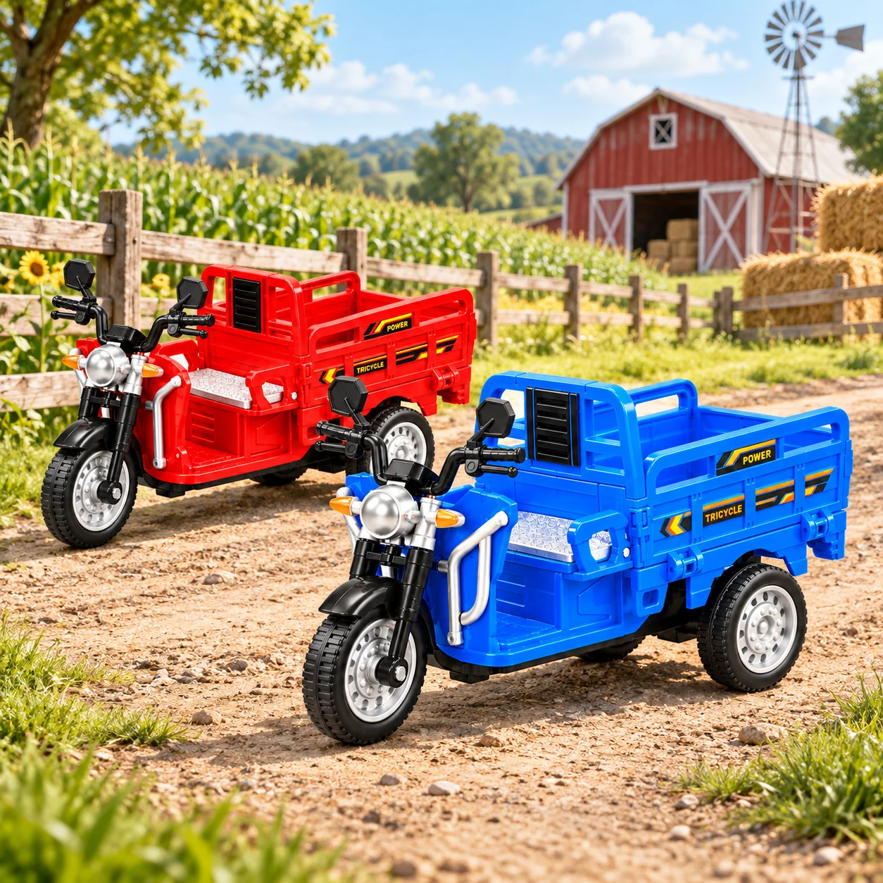MQUDUO Farm Cargo Tricycle Toy, Three Wheel Transport Vehicle with Open Cargo Bed, Rolling Wheels, Holiday Gift and Party Favor