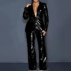 Women Sequin Pant Sets Glitter Shiny Lapel Long Sleeve Coat Nightclub Blazers Coat Carnival Party Jacket Disco Rave Outerwear