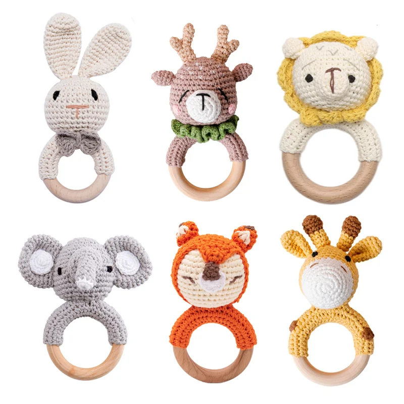 1pc Baby Teether Music Rattles for Kids Animal Crochet Rattle Elephant Giraffe Ring Wooden Babies Gym Montessori Children\'s Toys