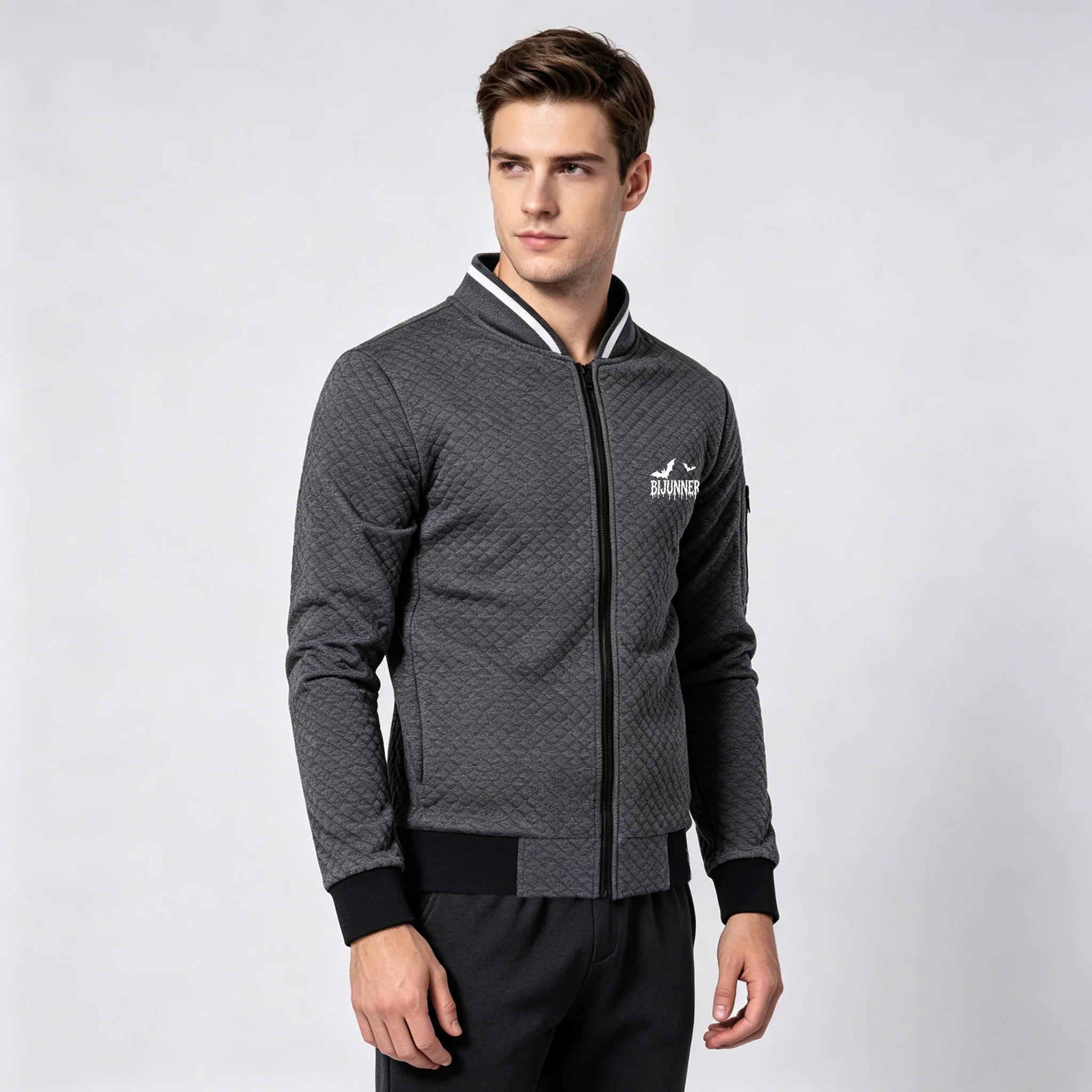 High Quality Men Sport Zip-up Cardigan Soft Breathable Diamond-pattern Fabric Zip Pockets V-neckline Casual Jacket Spring Autumn
