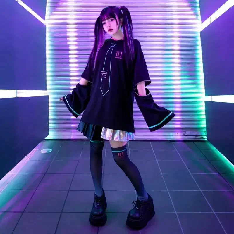 Japanese Harajuku 2D Autumn Fashion Removable Long Sleeve T-Shirt Women's Loose Mid-length Black Hoodies Gothic Y2k Tops Clothes