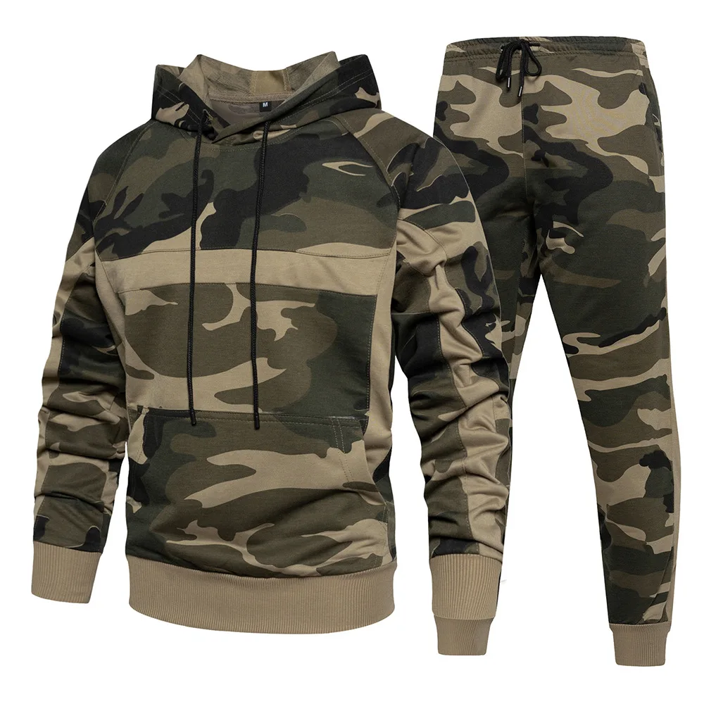 Chándal de camuflaje para hombre, sudaderas atléticas con capucha de 2 piezas, conjuntos de trajes deportivos informales para correr y trotar, sudaderas con capucha y pantalones para gimnasio