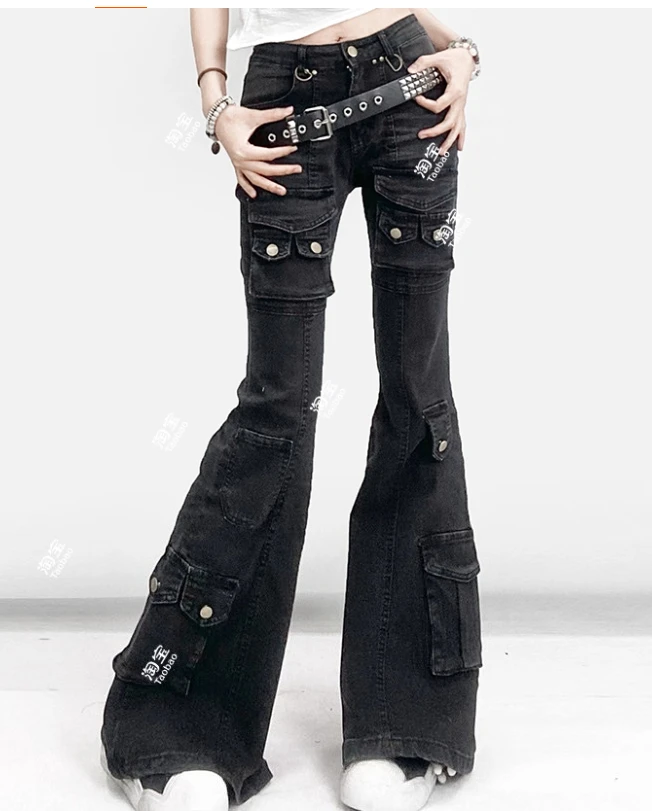 American Retro Girl Multi Pocket Vita bassa Y2k Slim Bootcut Jeans Moda Versatile per il tempo libero Nero Grigio Pantaloni in denim lavati