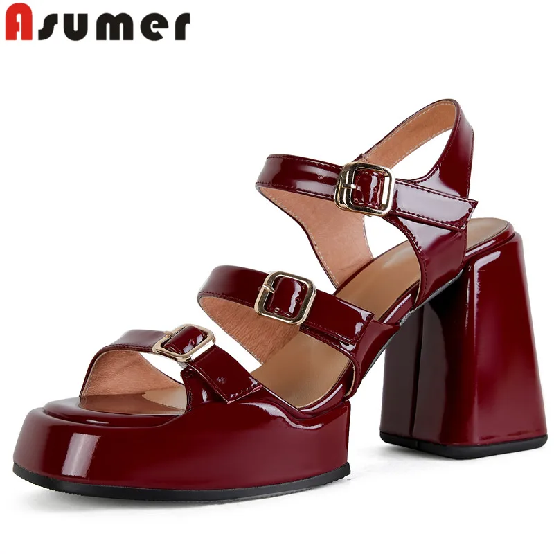 ASUMER 2024 New Genuine Leather Platform Women Sandals Thick High Heels Buckle Sandals Classics Office Ladies Slingbacks Shoes