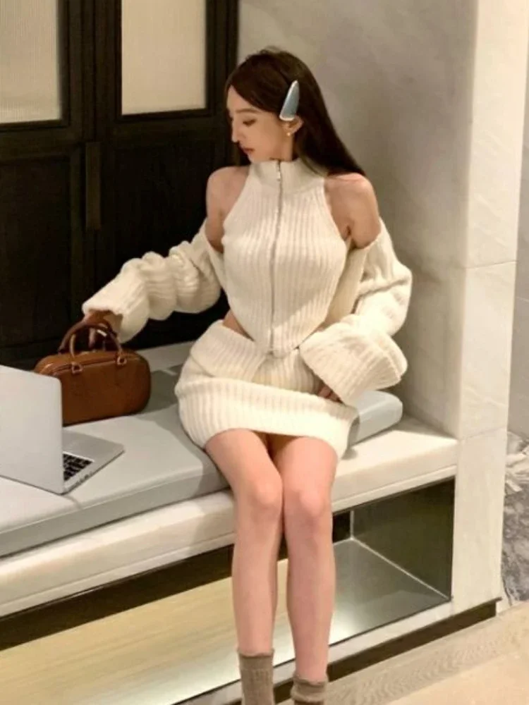 Elegant Knitted Clothing 3 Piece Set Casual Short Cardigan + Slim Vest + Sexy Y2k Mini Skirt Korean Fashion Suit 2024 Winter