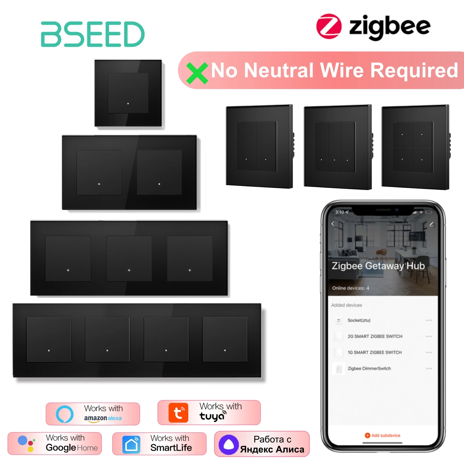 

BSEED ZigBee Click Switch Single Live With EU Sockets Black Glass Panels Light Switches For Tuya Smart Life Google Yandex APP