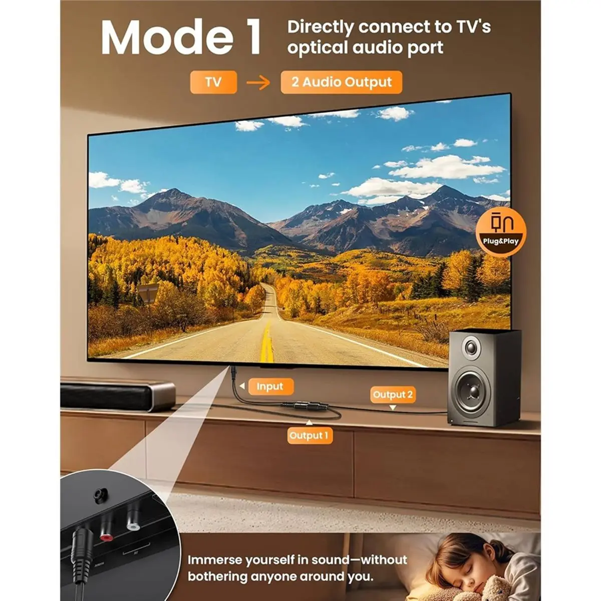 A75K Optical Audio Cable Splitter 1 in 2 Out, Toslink Digital Fiber Audio Splitter 1 Male Input 2 Female Output