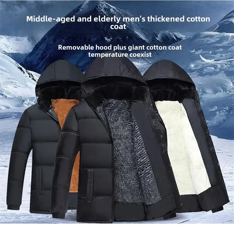 

2023 Winter Thickened Warm Hooded Cotton Coat Fleece-lined Middle-aged Elderly Men's Jacket Casual Type Regular Collar