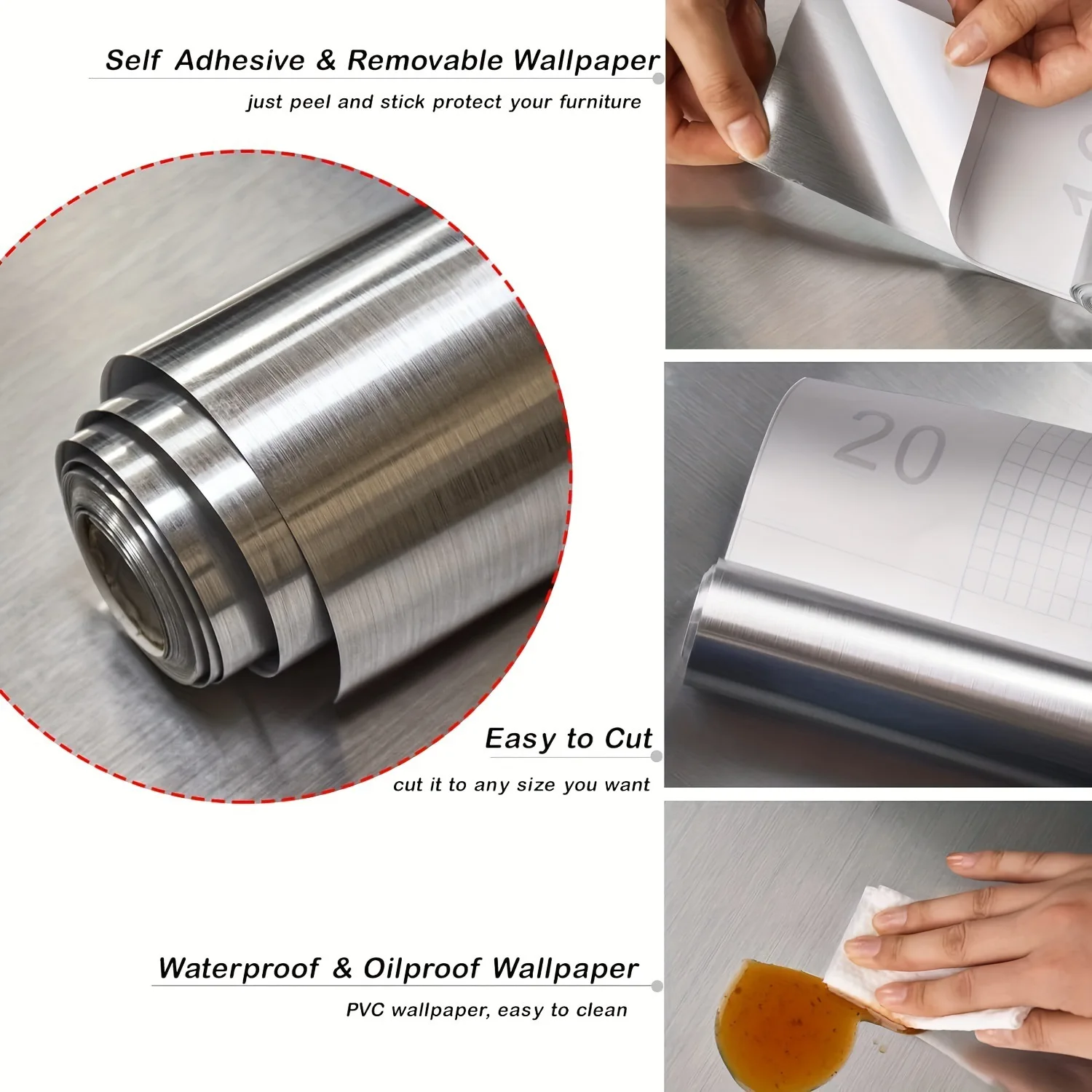 Thickened Brushed Metal Sticker Stainless Steel Kitchen Cabinet Refrigerator Self-adhesive Wallpaper Waterproof Home Decoration