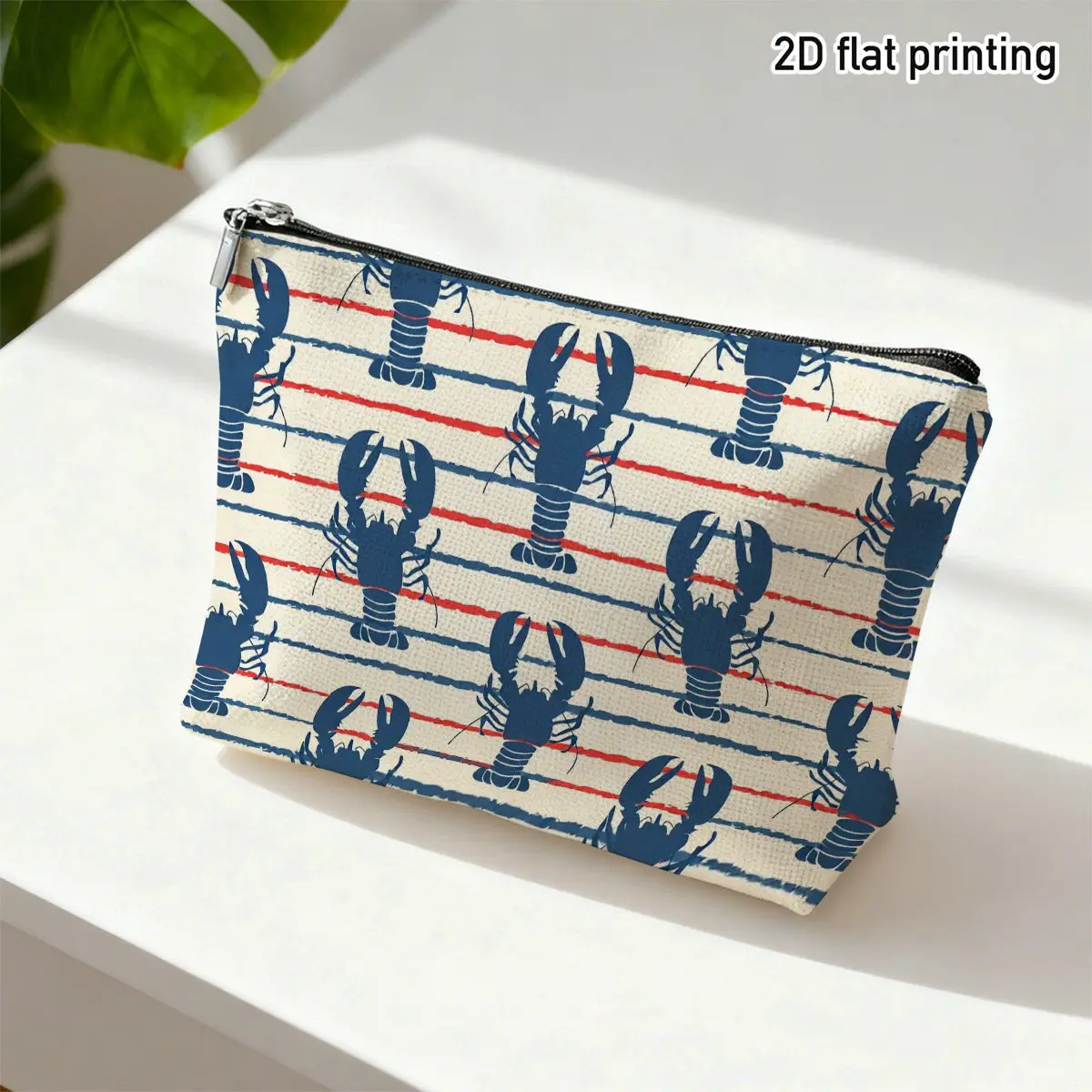Nautical Lobster Pattern Durable Makeup Bag Red and Blue Striped Lobsters Ideal for Beach Getaways Summer Vacations Storage Bag