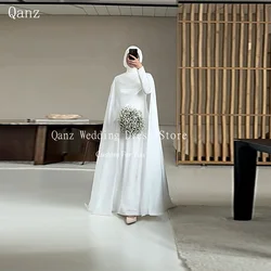 Qanz Modest White Muslim Wedding Dresses with Cape Customized Bride Dress Elegant Long Sleeves Woman Bride Civil Bridal Gowns
