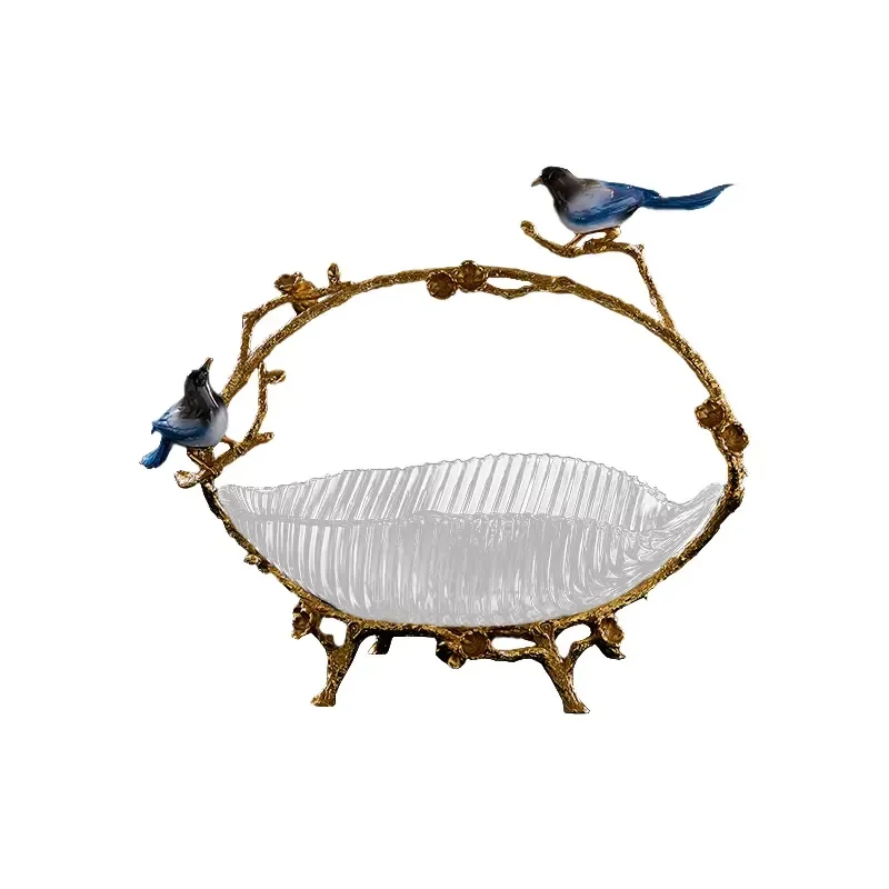 Exquisite Crystal Fruit Bowl with Brass Bird Handle Decorative Vegetable Rack Basket for Home Table Centerpiece Handicrafts