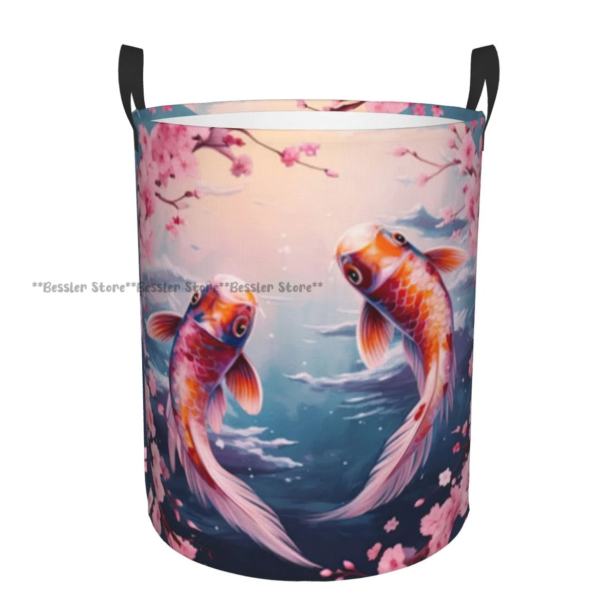 Folding Laundry Basket Koi Fish And Cherry Blossoms Dirty Clothes Storage Bucket Wardrobe Clothing Organizer Hamper