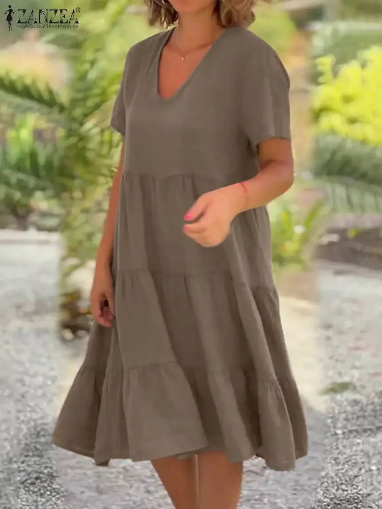 ZANZEA Casual Elegant Party Dress V Neck Short Sleeve Solid Color Women Tiered Robes Holiday Fashion Summer 2024 A-line Vestidos